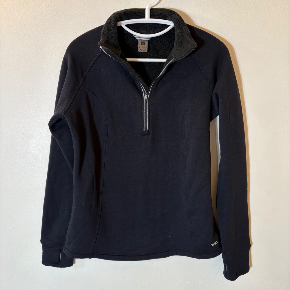 REI Black Quarter Zip Fleece Pullover Sweatshirt Thumbholes Size Medium